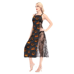 Halloween Pumpkin All-Over Print Women Lace Cami Cross Back Dress - Wonder Skull