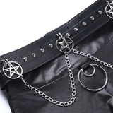 Gothic Leather Shorts With Chain, Impressive Bottom With Petagram Belt For Women - Wonder Skull