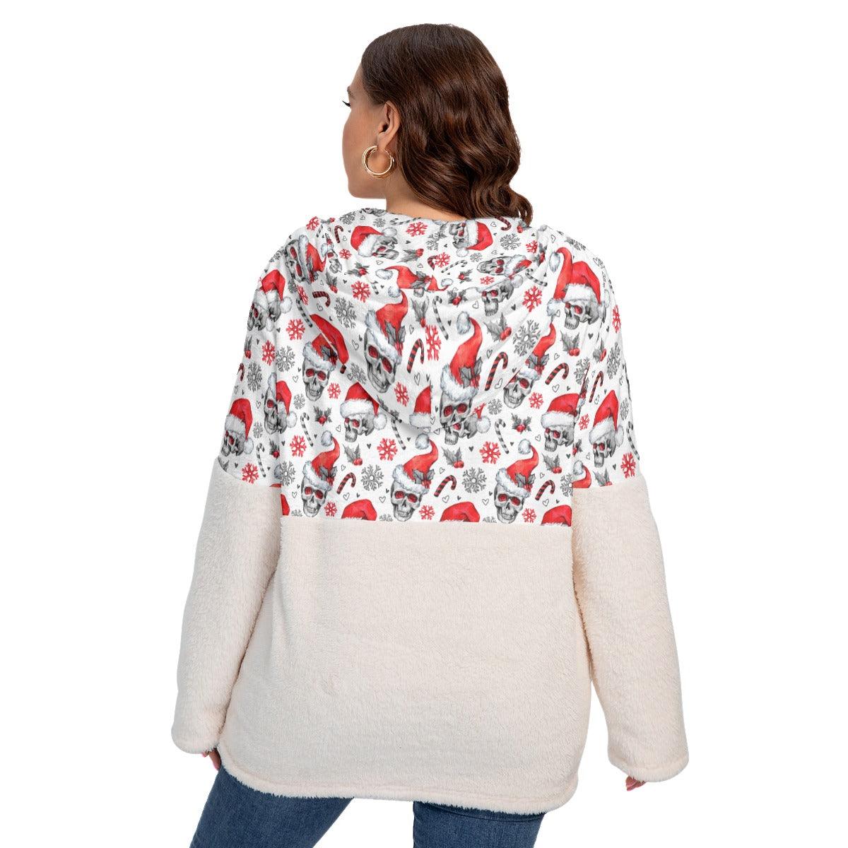 Christmas Skull Pattern Borg Fleece Hoodie With Half Zip - Wonder Skull