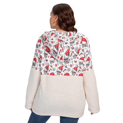 Christmas Skull Pattern Borg Fleece Hoodie With Half Zip - Wonder Skull