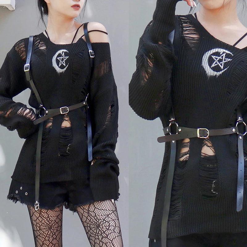 Grunge Gothic Sweater, Fashionable Torn Long Sleeve Pullover For Women - Wonder Skull