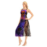Skull Halloween All-Over Print Women Lace Cami Cross Back Dress, Sexy Sleeveless Nightgown For Women - Wonder Skull