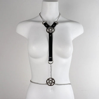 Punk Pentagram Faux Leather Harness Bra, Savage Body Cage Chest For Women - Wonder Skull