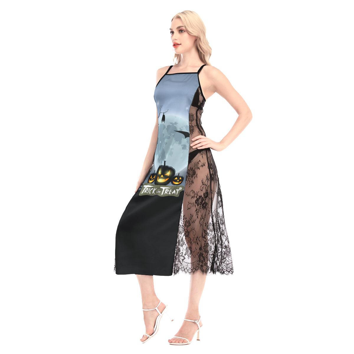 Halloween Trick Or Treat Pumpkin All-Over Print Women Lace Cami Cross Back Dress, Nightgown - Wonder Skull