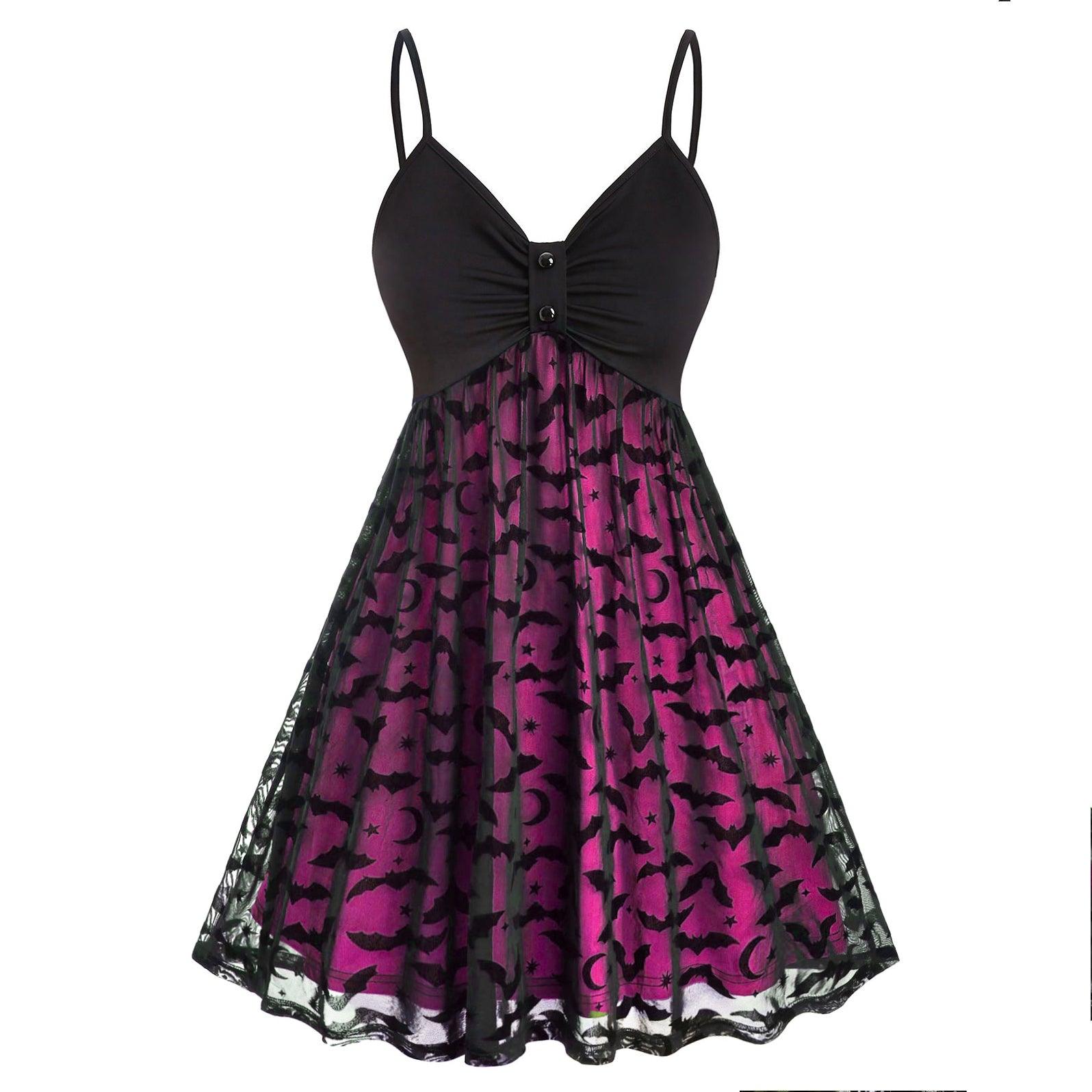 Gothic Bat Mesh Pink Neon Double Layer Dress, Sexy Strap A-Line Party Vestidos For Women - Wonder Skull