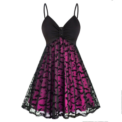 Gothic Bat Mesh Pink Neon Double Layer Dress, Sexy Strap A-Line Party Vestidos For Women - Wonder Skull