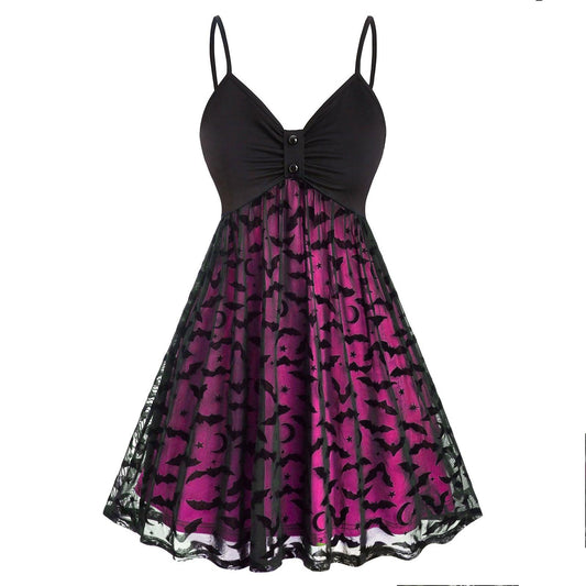 Gothic Bat Mesh Pink Neon Double Layer Dress, Sexy Strap A-Line Party Vestidos For Women - Wonder Skull