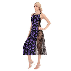 Halloween Purple Bat Pattern All-Over Print Women Lace Cami Cross Back Dress - Wonder Skull