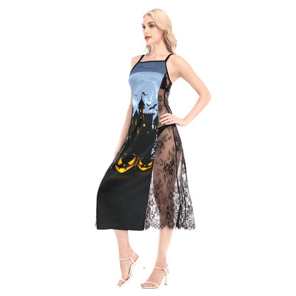 Halloween Night Pumpkin All-Over Print Women Lace Cami Cross Back Dress, Nightgown - Wonder Skull
