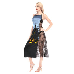 Halloween Night Pumpkin All-Over Print Women Lace Cami Cross Back Dress, Nightgown - Wonder Skull