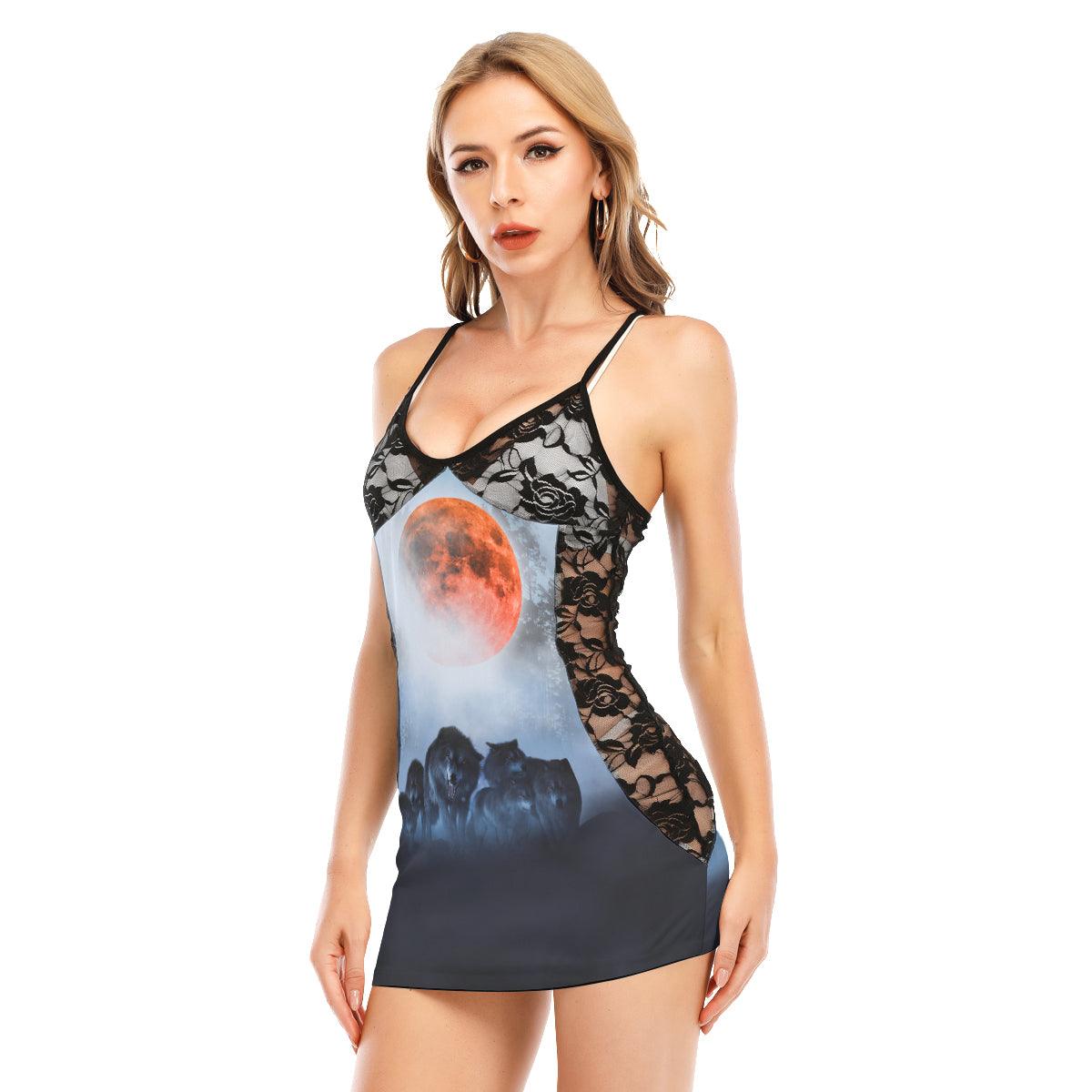 Wolves Moon Artwork All-Over Print Women Black Lace Cami Dress, Sexy Sleevless Nightgown For Women - Wonder Skull