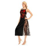 Bloody Head Skull All-Over Print Women Lace Cami Cross Back Dress, Sexy Nightgown - Wonder Skull