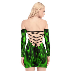 Green Fire Skull Off-shoulder Back Lace-up Dress - Wonder Skull