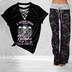 Funny Badass Skull Mom V-Neck Shirt and Wide Legs Pants - Wonder Skull