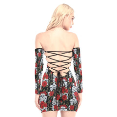 Gothic Skull Rose Off-shoulder Back Lace-up Dress - Wonder Skull