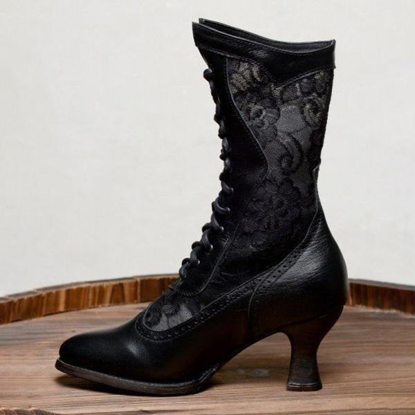 British Style Lace-paneled Boots With Front Lace-up - Wonder Skull