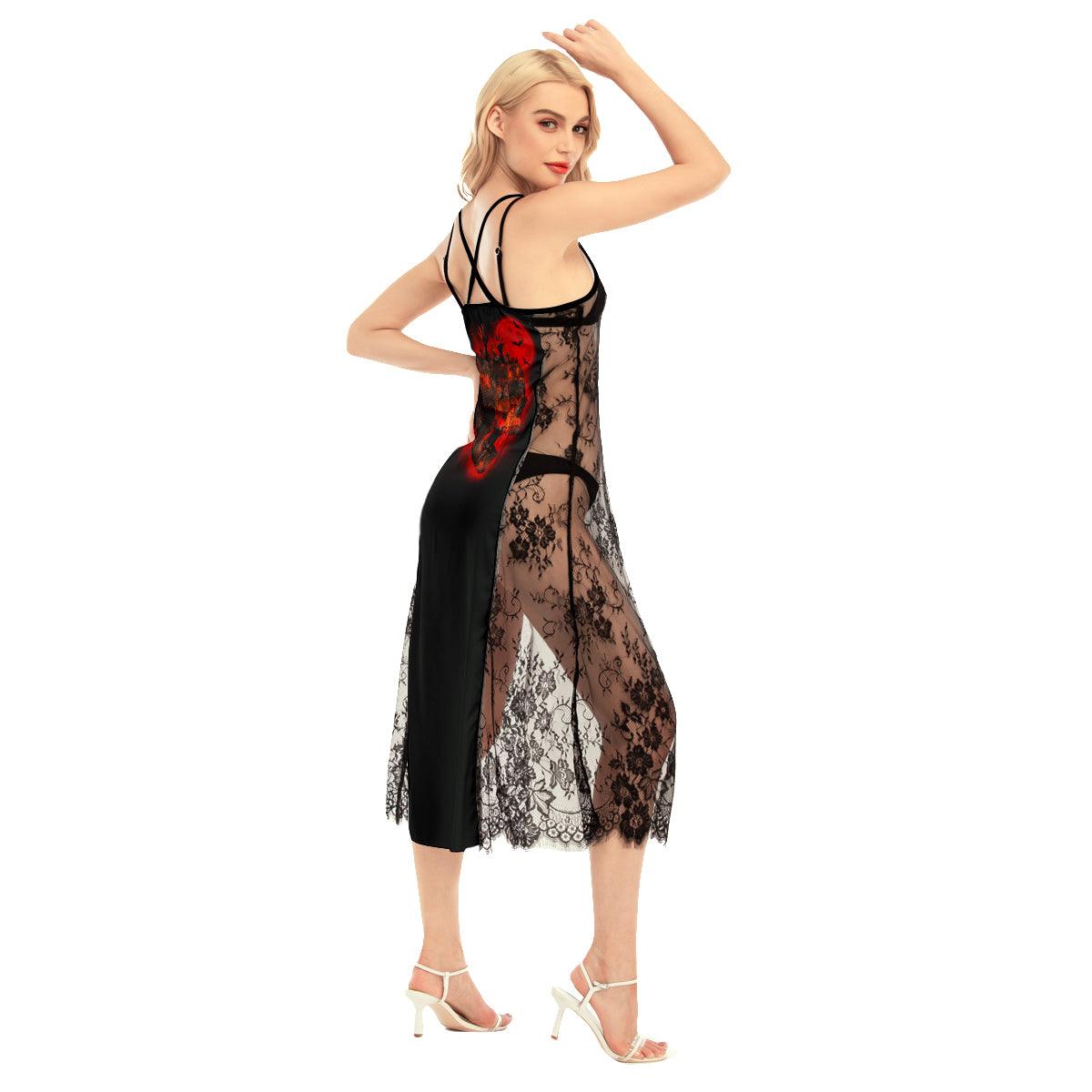 Bloody Head Skull All-Over Print Women Lace Cami Cross Back Dress, Sexy Nightgown - Wonder Skull