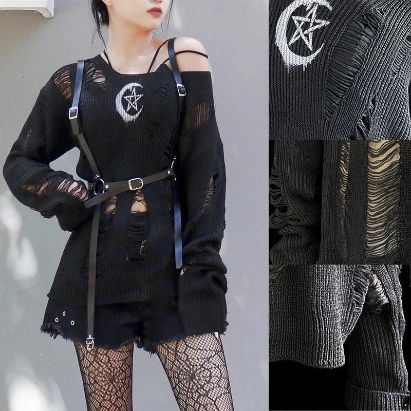 Grunge Gothic Sweater, Fashionable Torn Long Sleeve Pullover For Women - Wonder Skull