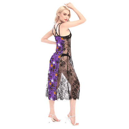 Halloween Purple Pattern All-Over Print Women Lace Cami Cross Back Dress - Wonder Skull