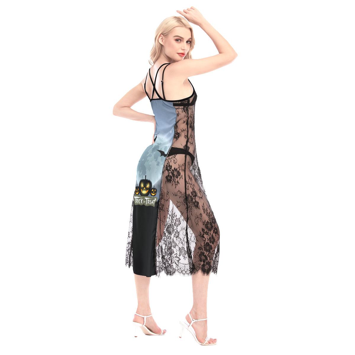 Halloween Trick Or Treat Pumpkin All-Over Print Women Lace Cami Cross Back Dress, Nightgown - Wonder Skull