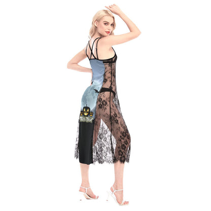 Halloween Trick Or Treat Pumpkin All-Over Print Women Lace Cami Cross Back Dress, Nightgown - Wonder Skull