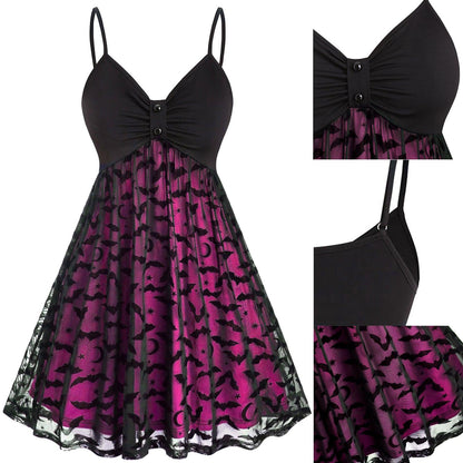 Gothic Bat Mesh Pink Neon Double Layer Dress, Sexy Strap A-Line Party Vestidos For Women - Wonder Skull
