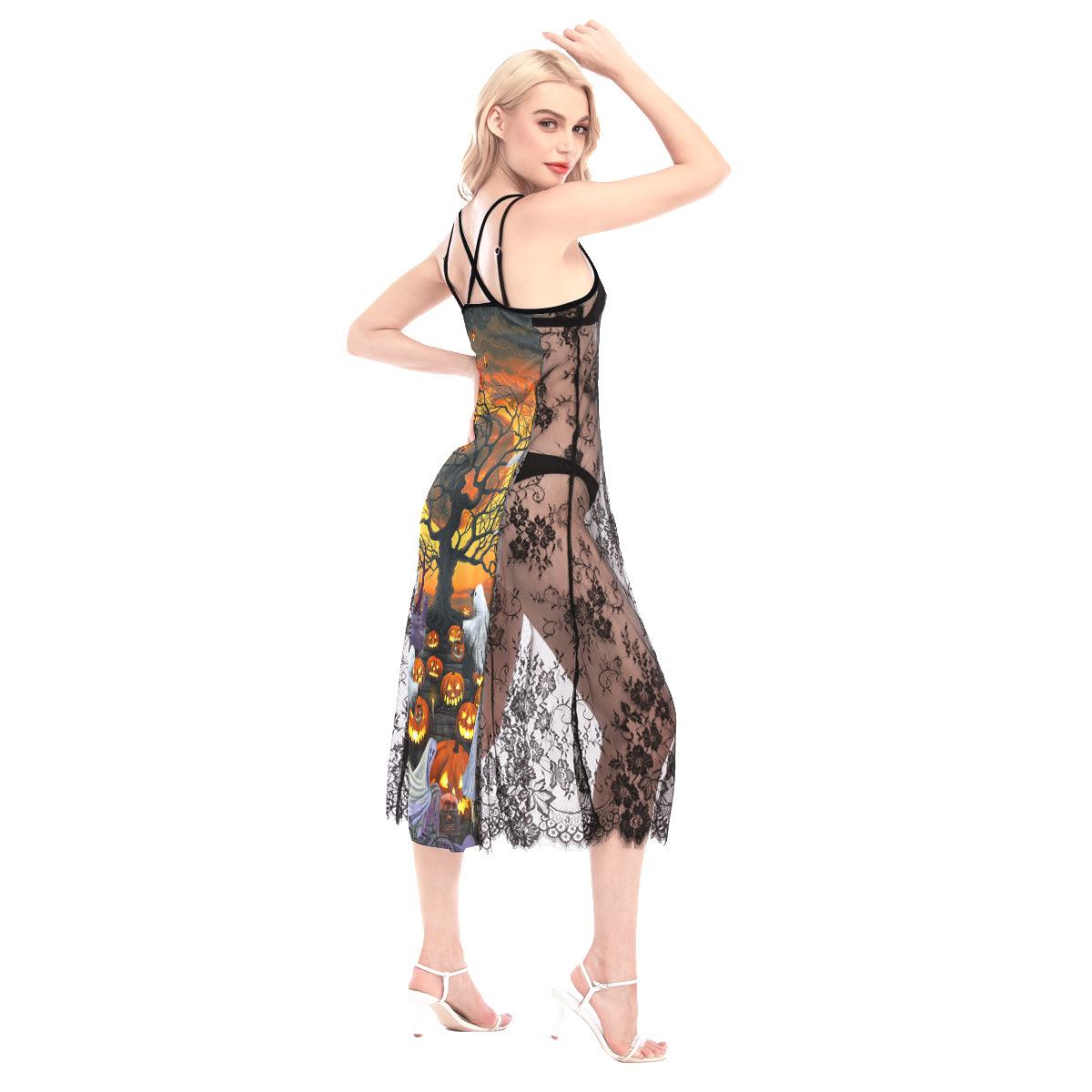 Halloween Boo Party All-Over Print Women Lace Cami Cross Back Dress, Gorgeous Nightgown - Wonder Skull