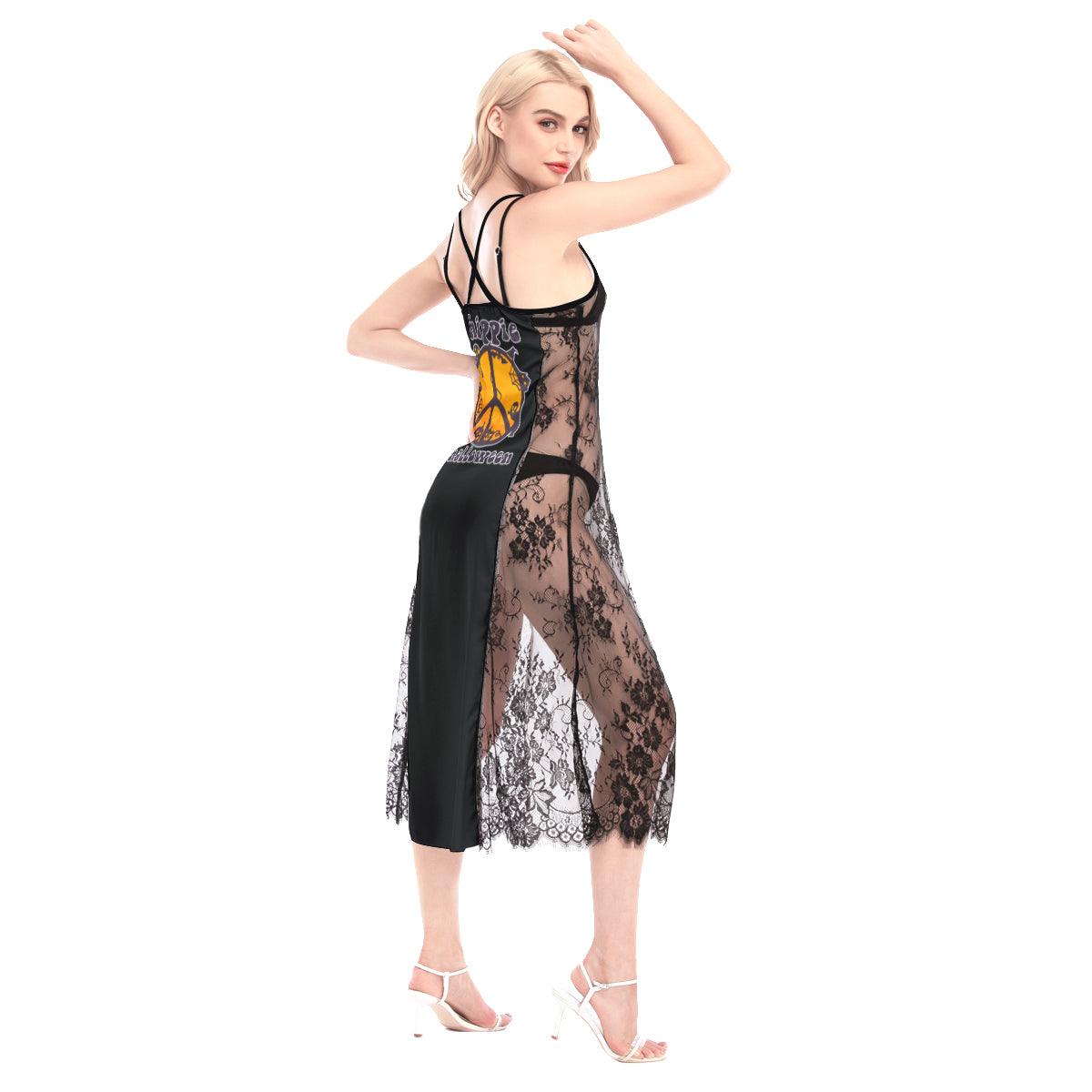 Halloween Hippie Peace Sign All-Over Print Women Lace Cami Cross Back Dress - Wonder Skull