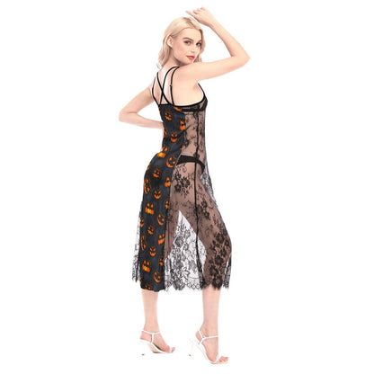 Halloween Pumpkin All-Over Print Women Lace Cami Cross Back Dress - Wonder Skull
