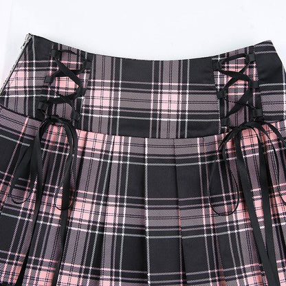Gothic Pink Stripe Mini Skirt, Cute Black Plaid With Lace and String One Piece For Women - Wonder Skull