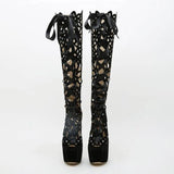 Classic High Heel Boots, Impressive Hollow Out Bow Decor - Wonder Skull