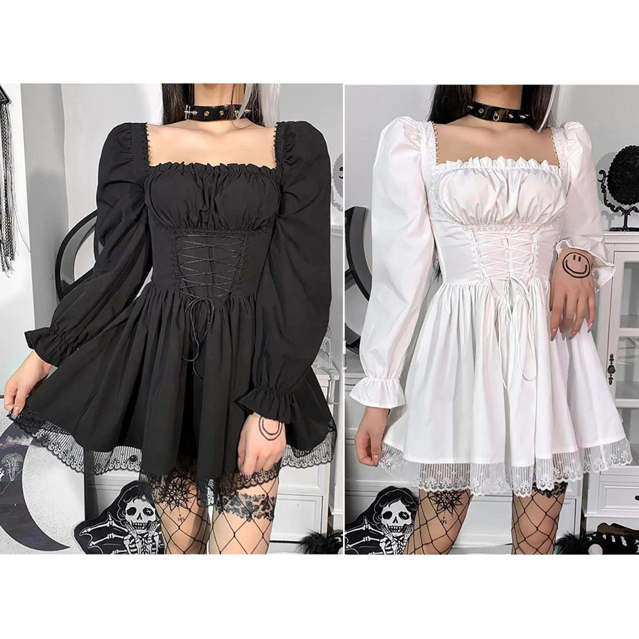 Multi Color Gothic Lace Puff Sleeve Dress, Cool Partywear For Women - Wonder Skull
