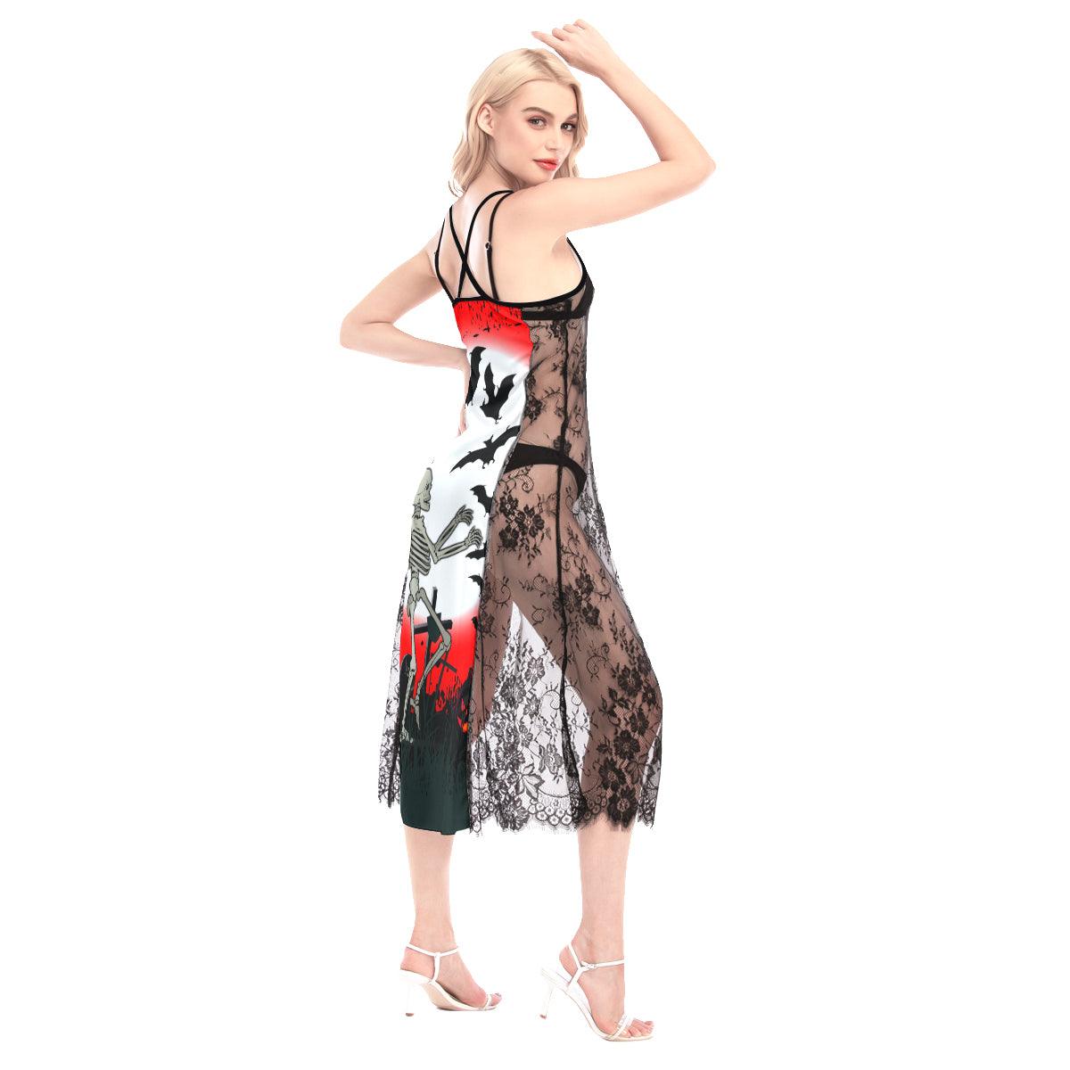 Halloween Skull Dancing All-Over Print Women Lace Cami Cross Back Dress, Sexy Nightgown - Wonder Skull