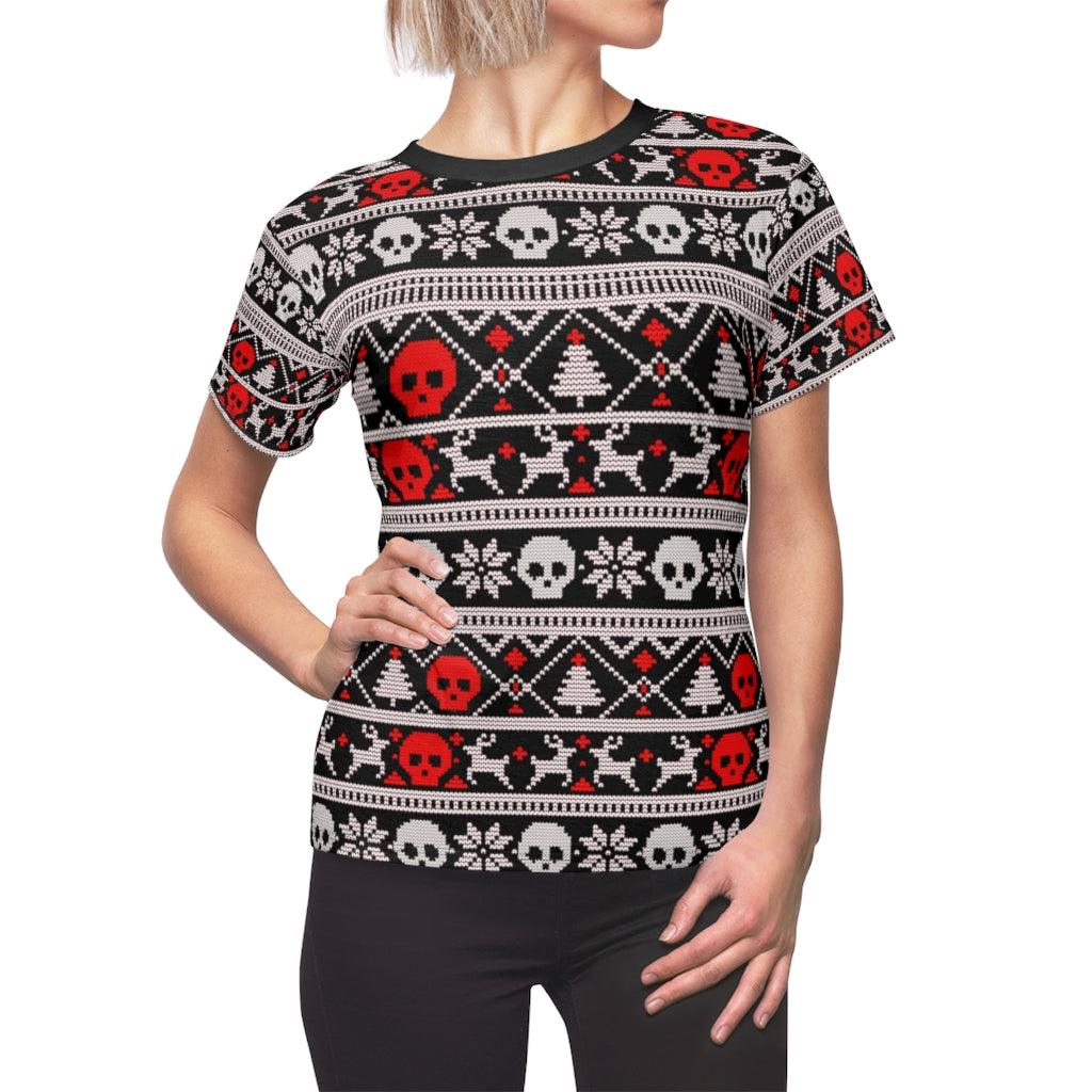 Ugly Christmas Skull Reindeer All Over Print T-shirt For Women - Wonder Skull