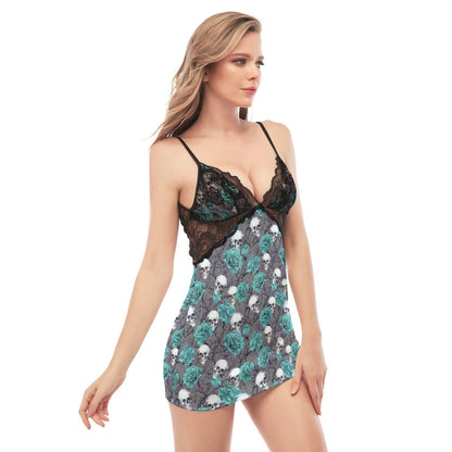 Cyan Roses And Skulls Pattern Lace Chemise Nightgown - Wonder Skull