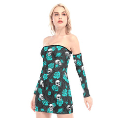 Skull Cyan Rose Off-shoulder Back Lace-up Dress - Wonder Skull