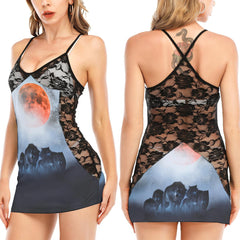 Wolves Moon Artwork All-Over Print Women Black Lace Cami Dress, Sexy Sleevless Nightgown For Women - Wonder Skull