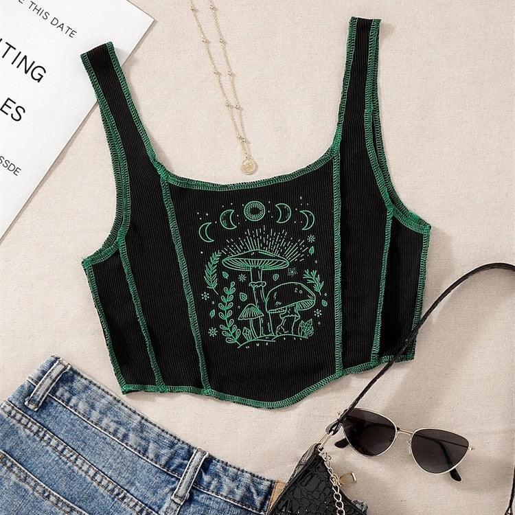 Gothic Moon Graphic Crop Top, Cute Sleeveless Casual Tank Top For Women - Wonder Skull