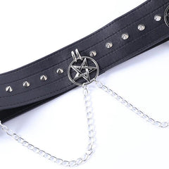 Gothic Leather Shorts With Chain, Impressive Bottom With Petagram Belt For Women - Wonder Skull