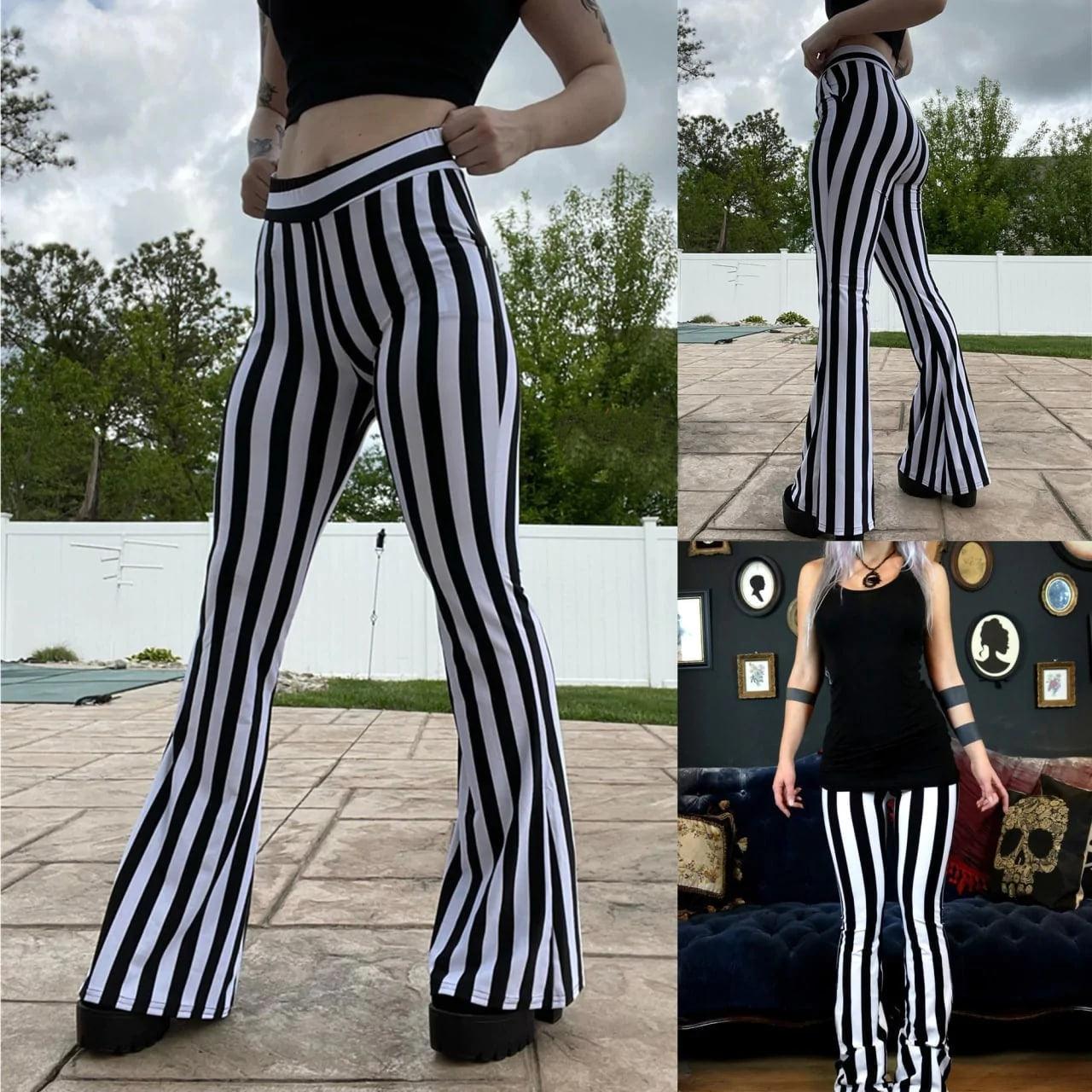 Gothic Vertical Striped Loose Trousers, Attractive High Waist Wide Leg Pants For Women - Wonder Skull