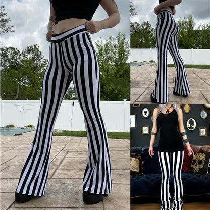 Gothic Vertical Striped Loose Trousers, Attractive High Waist Wide Leg Pants For Women - Wonder Skull