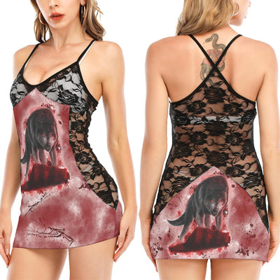 Hunting Wolves Artwork All-Over Print Women Black Lace Cami Dress, Sexy Sleevless Sleepwear For Women - Wonder Skull