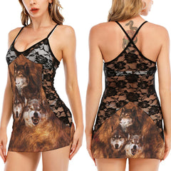 Wolves Brown Pattern Artwork All-Over Print Women Black Lace Cami Dress, Sexy Sleevless Sleepwear - Wonder Skull