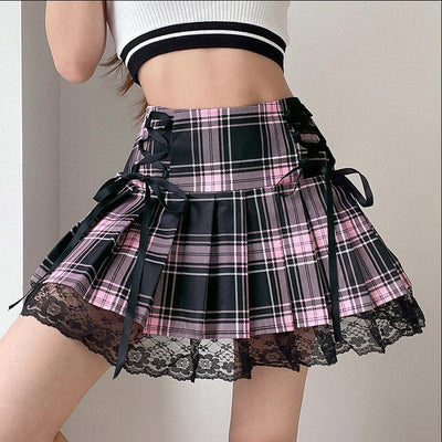 Gothic Pink Stripe Mini Skirt, Cute Black Plaid With Lace and String One Piece For Women - Wonder Skull