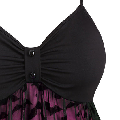 Gothic Bat Mesh Pink Neon Double Layer Dress, Sexy Strap A-Line Party Vestidos For Women - Wonder Skull