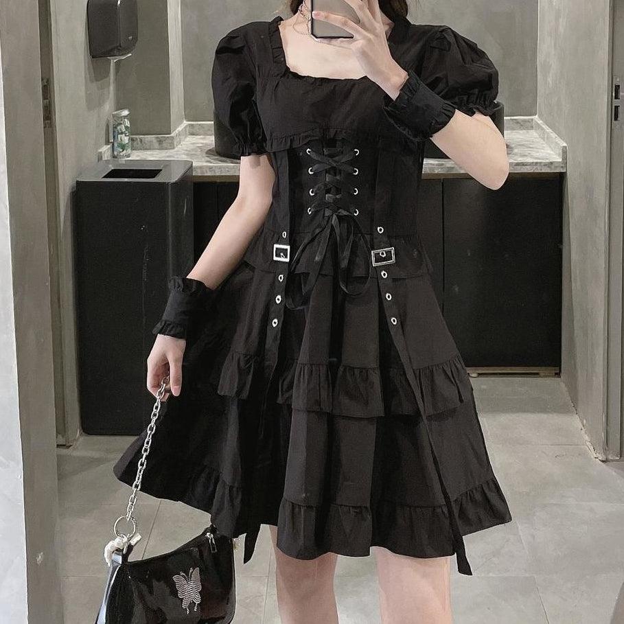 Punk Gothic Front Tie Dress, Impressive Puff Sleeve Clothes For Women - Wonder Skull