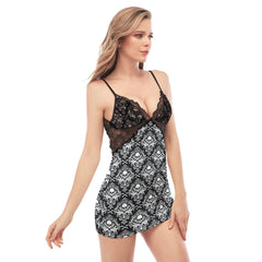 Black Gothic Skull Pattern Lace Chemise Nightgown, Sexy Night Dress - Wonder Skull