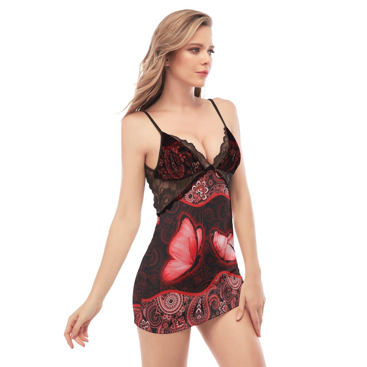 Neon Pink Butterflies Lace Chemise Nightgown - Wonder Skull