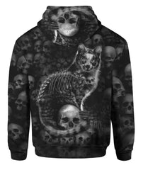 Black Cat Skull Hoodie Full Printed - Wonder Skull