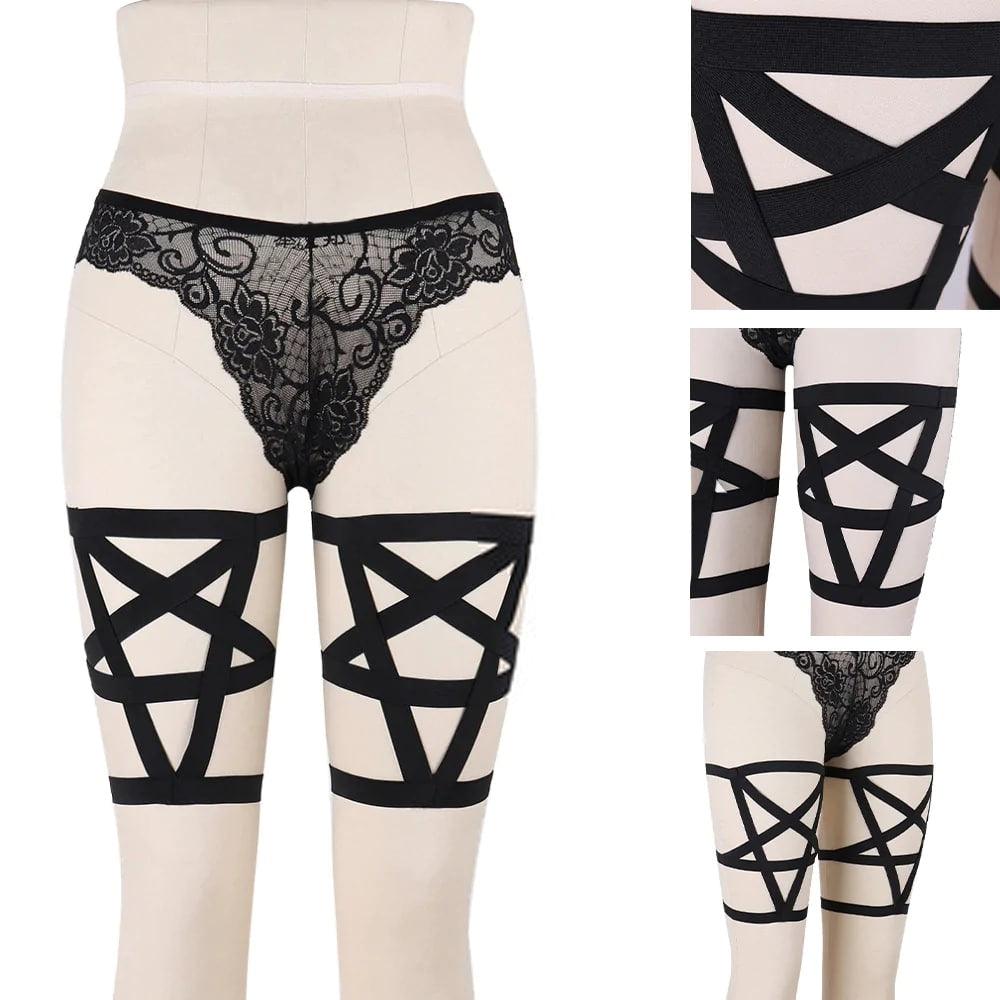 Pentagram Gothic Garter Belt Body Harness, Sexy Wedding Rave Bondage Stocking For Women - Wonder Skull